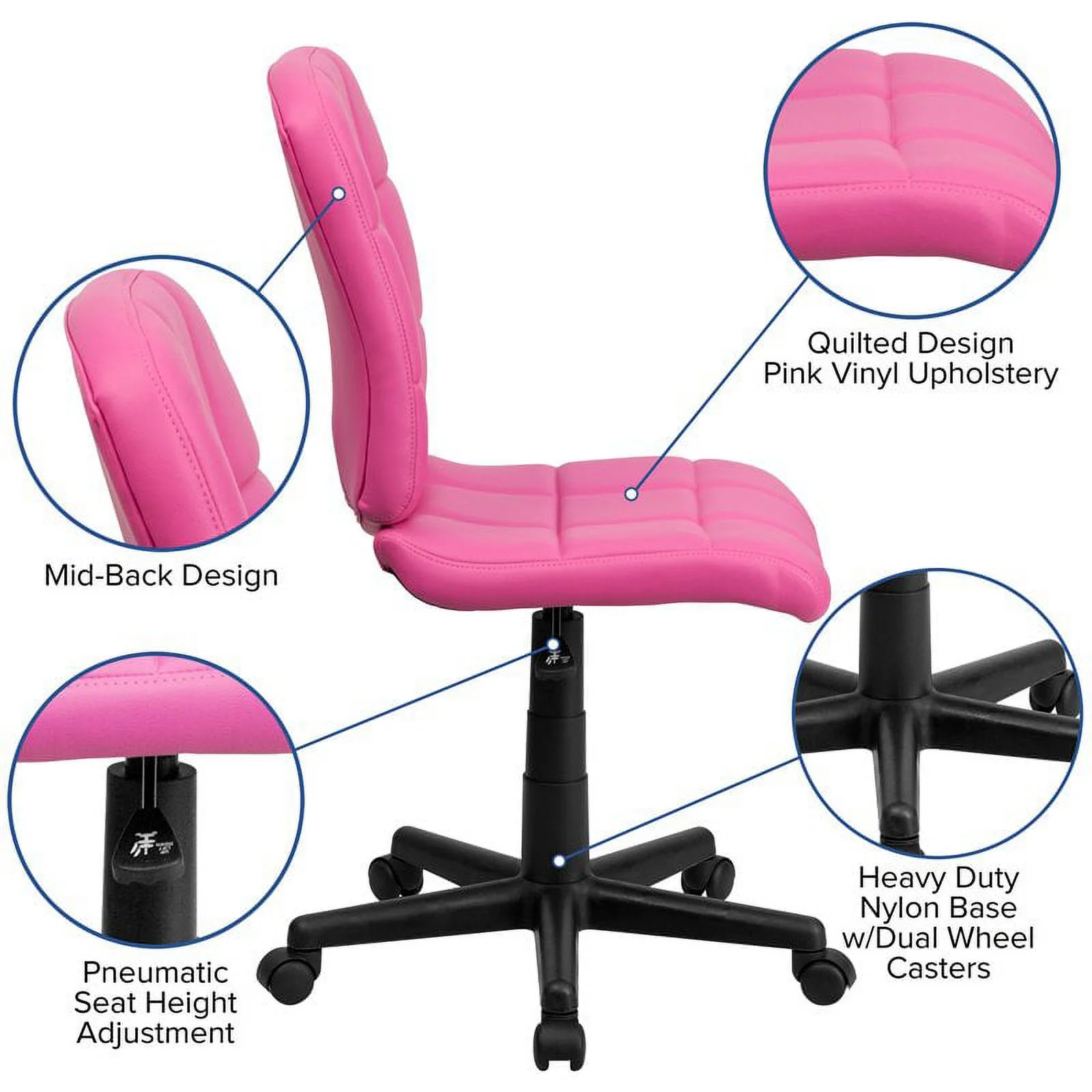 Pemberly Row Contemporary Mid Back Quilted Office Swivel Chair in Pink - Image 5